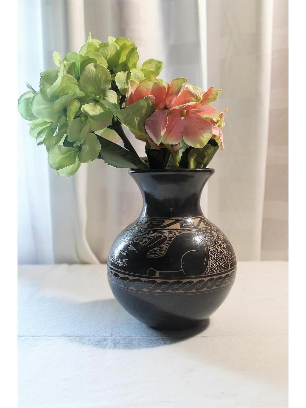 Vintage Mexican Art Pottery Vase, Clay, Dark Gray & Beige, Animal Motif